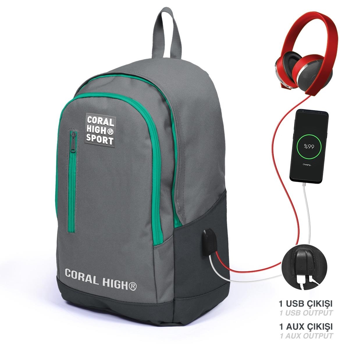 Yaygan 23233 Coral High Sport Sırt Çantası Usb+Aux Soketli